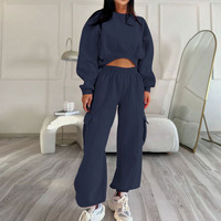 Ensemble de survêtement rose 2 pièces respirant pour femme : sweat-shirt court à manches longues et pantalon cargo décontracté à jambes larges – Style streetwear
