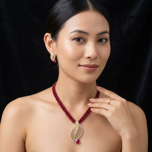 Brass Gold Plated <b>Ruby</b> Beaded <b>Necklace</b> Earring Set Leaf Pendant Cubic Zirconia Choker Indian Wedding Jewelry for Women - Product Image 2