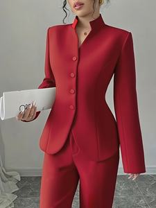 ชุดเซ็ต 2 ชิ้นสำหรับสุภาพสตรี ฤดูใบไม้ผลิและฤดูใบไม้ร่วง เสื้อโค้ทติดกระดุมสีพื้นเรียบง่าย จับคู่กับกางเกงขายาวทรงเข้ารูปสวมใส่สบาย เสื้อเบลเซอร์ผู้หญิง - Product Image 3