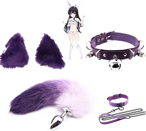 4pcs Aço Inoxidável Butt Plug Conjunto com Fluffy Pelúcia Fox Tail e Cat Ear Anales Plugs Kit Anime Sexy Cosplay BDSM Brinquedos