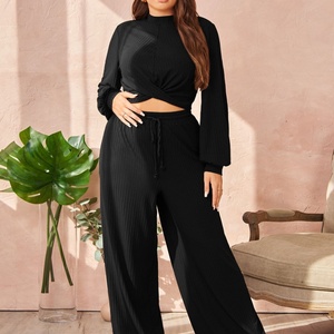 Autumn Winter 2-Piece <b>Set</b> for Women Comfortable Slimming <b>Knitting</b> Sports Top Shorts Solid Color Loose Casual Style Size 3XL - Product Image 4