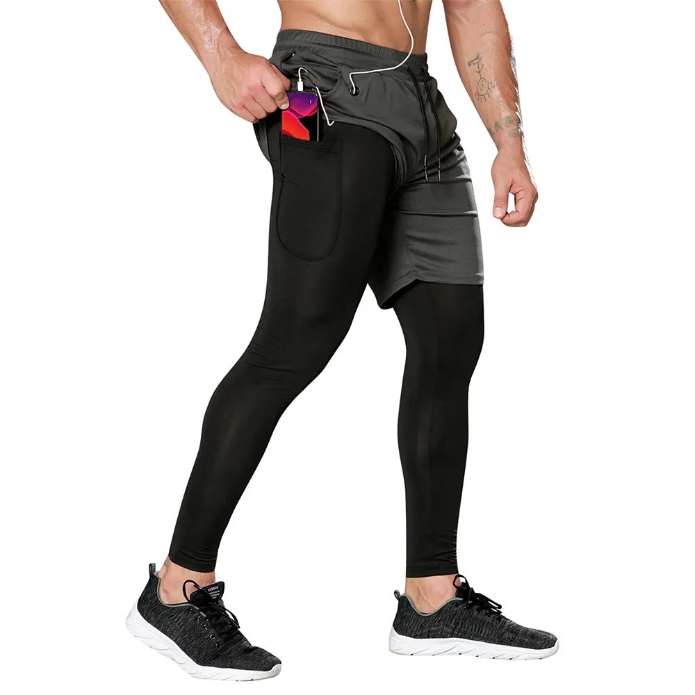 卸売カスタマイズ伸縮性クイックドライ2ピースジム男性スポーツトレーニングランニングジョガーパンツフィットネスレギンス電話ポケット付き