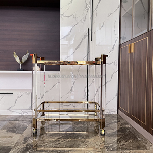 Chariot de table à roulettes en acrylique Barre à main servant des chariots à boissons Chariot de <span class=keywords><strong>bar</strong></span> en lucite à double couche de thé transparent à deux niveaux - Product Image 4