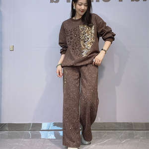 Conjunto de suéter para mujer, jersey de cuello redondo y pantalones anchos, conjunto de dos piezas, ropa informal de otoño - Product Image 4