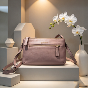 Dusty Pink Crossbody <b>Bag</b> Adjustable Shoulder Strap Front Zipper Pocket Gold Metal Logo Daily <b>Womens</b> Handbag - Product Image 1