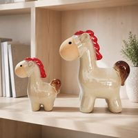 Keramik-Pferdefigur mit Roter Mähne und Cremeweißen Flügeln, Eltern-Kind-Paar, Tischdekoration, Bücherregal-Ornament, Geschenk
