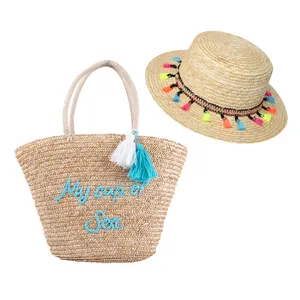 custom Summer Unisex Top Flat Hat Natural 100% Wheat Boater Straw hat with tassel Embroidered words Wheat straw tote beach bag