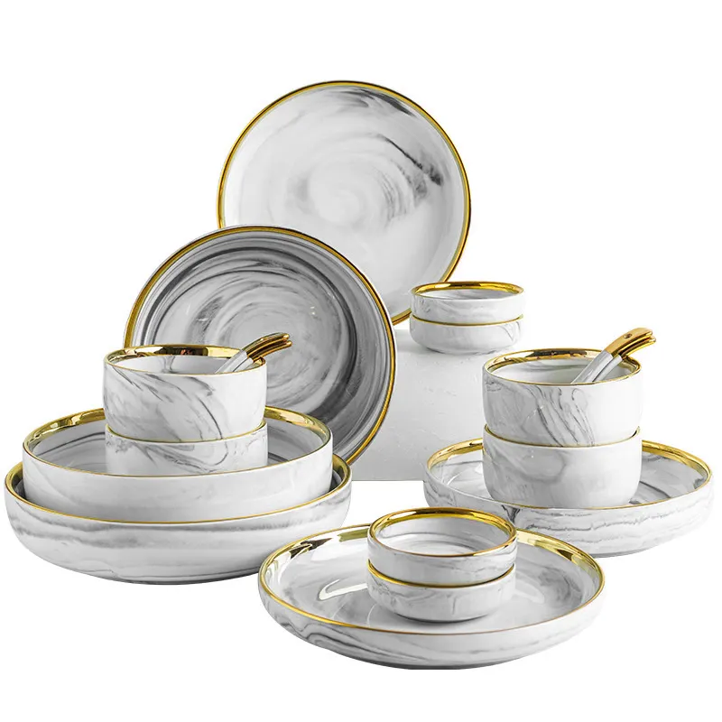 Ensemble de vaisselle de luxe pour 2, 4, 6, 8 personnes, cadeau de mariage royal, jante plaquée or, céramique, porcelaine, assiettes, gris, marbre