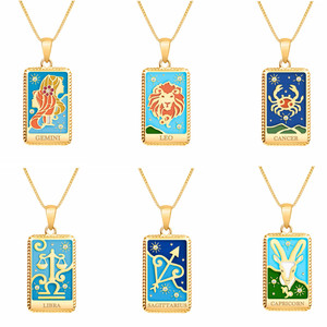 Collana Vintage dodici zodiacali <span class=keywords><strong>tarocchi</strong></span> elemento di carta smalto multicolore collana pendente in acciaio inossidabile - Product Image 2