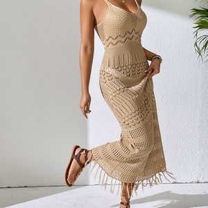 Vestido Largo de Mujer sin Mangas con Borlas, Tejido de Ganchillo, Ajustado, para Playa - Product Image 6