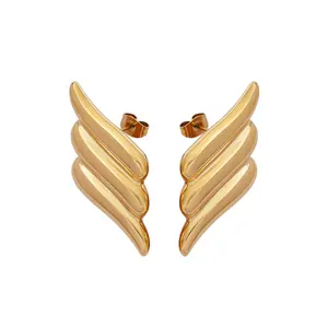 New Fashion 18k Gold Stainless Steel Vintage Simple Earrings Waterproof&No Fade Wing Shaped Earring Textured Stud Earrings