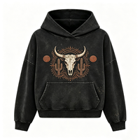 Hoodie Pria Dirty Spray Streetwear Motif Tengkorak Banteng, Bahan Katun Tebal, Cetak Western Distressed, Model Pullover Vintage Wash, Grosir