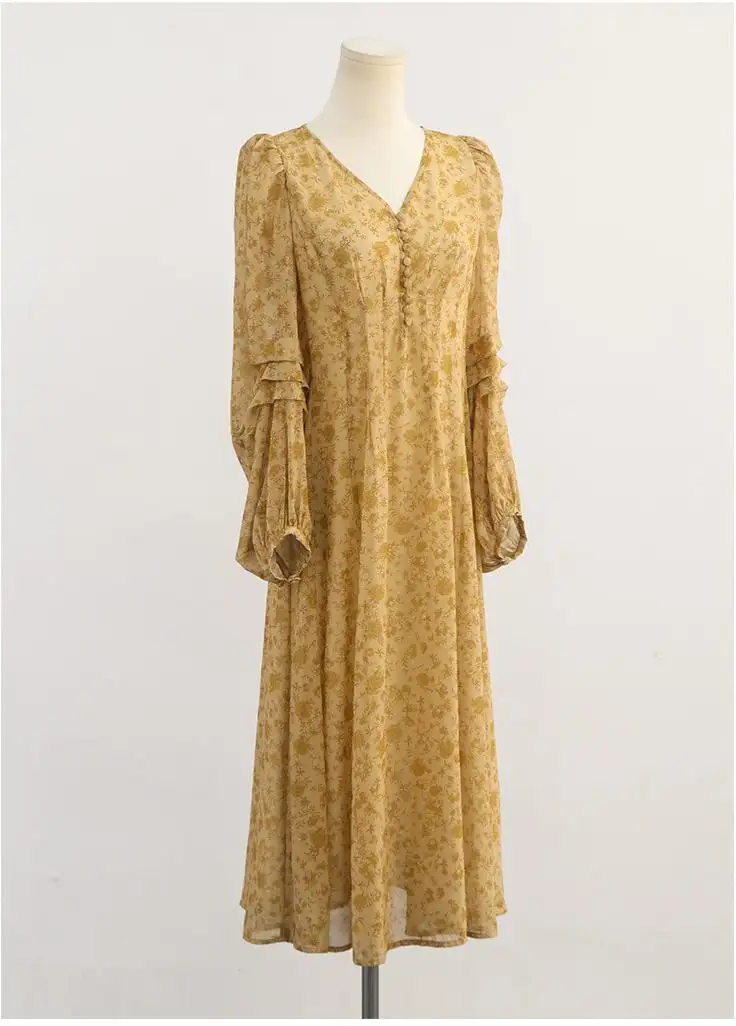 Robe longue en mousseline de soie jaune élégante à imprimé floral et col en V pour femmes