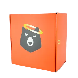صندوق ورقي مضلع من الأعلى قابل للطي بخلفية كرتونية برتقالي مع صورة ملاك دب مع شريط للمطر شعار مخصص