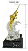Trophée en métal personnalisé en gros, Trophée Poisson Épée, Sculpture Poisson Doré, Base en cristal ondulé, Base carrée en marbre noir, Trophée Souvenir du Gagnant