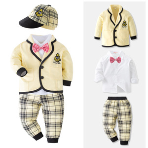 Traje formal de estilo caliente para niños Traje de primavera y otoño 5 piezas Camisa estampada de caballero y pantalones a cuadros para niños - Product Image 3