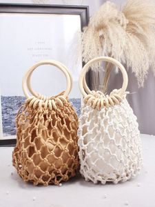 Ethnic Style Wooden Ring Handle Straw Bag Women Net <b>Mini</b> Clutch Tote Handmade Woven Cotton Rope Hollow Summer Vacation Beach Bag - Product Image 5