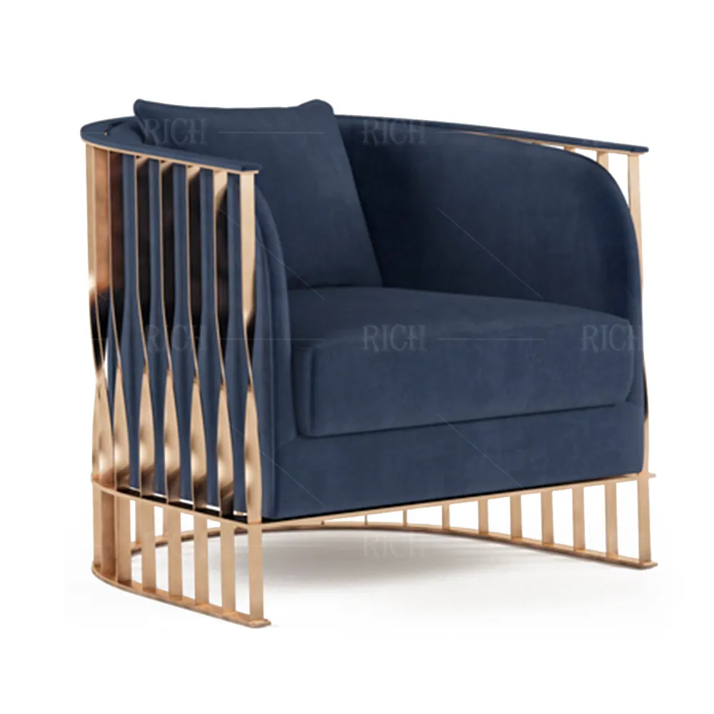 Comfortabele Woonkamer Lounge Accent Stoel Moderne Luxe Arm Stoel Hotel Goud Metalen Frame Blauw Fluwelen Fauteuils