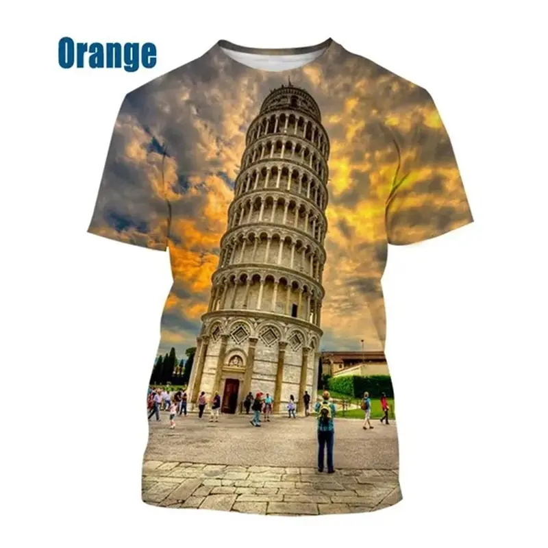 3D in mô hình phong cảnh nghiêng THÁP PISA T-Shirt cá tính ngắn tay áo hip-hop TEE Tops Casual Mens áo thun thời trang dạo phố