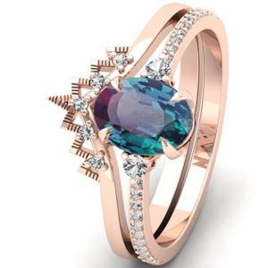 Ensemble de bagues vintage Art Déco plaqué or rose 14 carats, ensemble de mariage, bague de fiançailles en alexandrite de 1,53 carat - Product Image 2