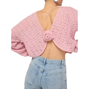 Maglione da Donna Personalizzato all'Ingrosso con Scollo Aperto, Sexy, Fatto a Mano, con Fiori, Crop Top <span class=keywords><strong>in</strong></span> Rete, <span class=keywords><strong>Tulle</strong></span>, Pizzo, <span class=keywords><strong>Maglia</strong></span> Pointelle <span class=keywords><strong>in</strong></span> Cotone e Acrilico - Product Image 2