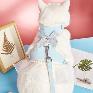 Pet Leash Anti Escape Vest Style Cat Harness Blue With Bow And Tulle Skirt For Small Cats - Product Image 1