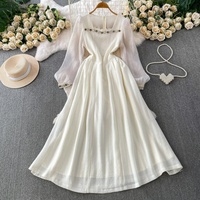 Robe midi élégante pour femmes WIWT, rose, coupe évasée, manches longues, décorée de strass, décontractée, pour tous les jours, les fêtes, les vacances, robes décontractées