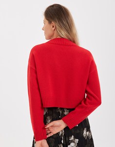 Pull court à col en V pour femme, 100% acrylique, manches longues, rouge uni, pull tricoté décontracté pour l'automne - Product Image 2