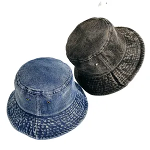 Vente en gros Jeans délavés Distressed Denim Fisherman Bucket Hats Summer for Women Unisex Adults Plain Image 10 Pcs Protection solaire