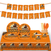 Ensemble de Vaisselle Jetable pour Fête à Thème Halloween avec Assiettes, Mouchoirs, Couteau, Fourchette, Cuillère, Paille
