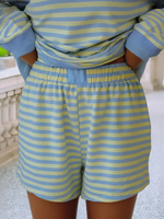 Fabricant de vêtements en gros sur mesure pour femmes, sweat-shirts à manches longues rayés et colorés, pull-over, short à taille élastique, ensemble deux pièces