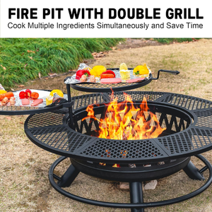 42-Inch Modern Iron Outdoor <strong>Fire</strong> <strong>Pit</strong> 2 Grills <strong>Wood</strong> Burning Large Fireplace Table 1 <strong>Fire</strong> Poker 1 Lid Eco-Friendly BBQ for Patio - Product Image 3