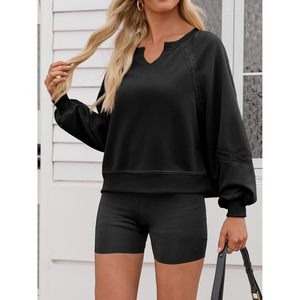 Sweat-shirt oversize pour femme, col en V, manches lanternes en dentelle, coupe courte et ample, pull d'automne noir - Product Image 3