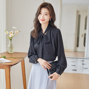 Women's White Long Sleeve Blouse With Ribbon Bow Solid Color Work Shirt For Office Commute - Product Image 3