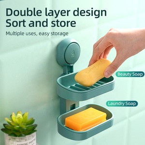 Phòng tắm nhà bếp tổ chức hộ gia đình hai lớp tường móc hút cup vòi hoa sen Caddy món ăn nhựa màu xanh lá cây xà phòng món ăn chủ - Product Image 3