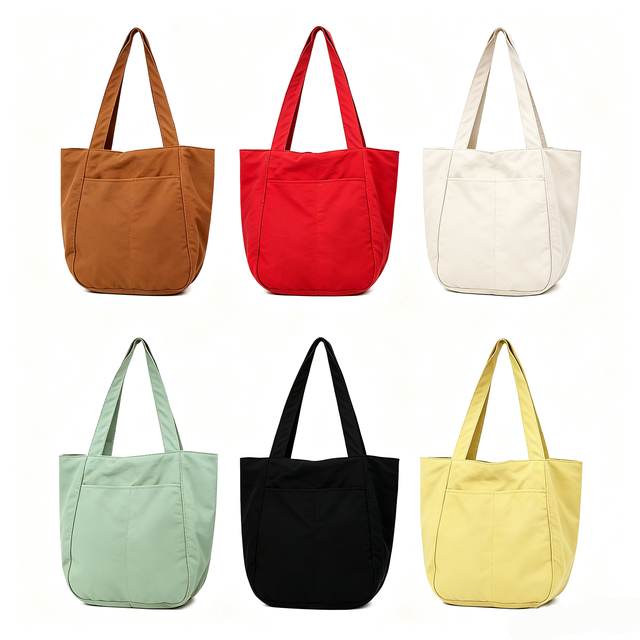 Solid Color Nylon Tote Bag Large Capacity Lightweight Tote Bag Casual Travel Multi-Pocket Washable Soft Canvas-Style