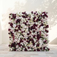 Backdrop kain sutra gulung motif bunga warna merah burgundy & putih gading ukuran 8ftx8ft untuk pernikahan, dinding bunga mawar buatan