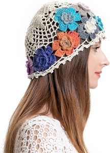 ZLYC Berretto da donna in cotone lavorato all'uncinetto, fatto a mano, con motivo floreale intagliato e bottone |   Leggero e Traspirante Boho China Caf - Product Image 4