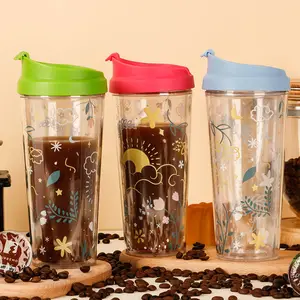 לוגו מותאם אישית מודפס 16oz אקריליק מבודד מים כוס לשימוש חוזר כפול דופן ברור פלסטיק נסיעות ספל קפה עם מכסים