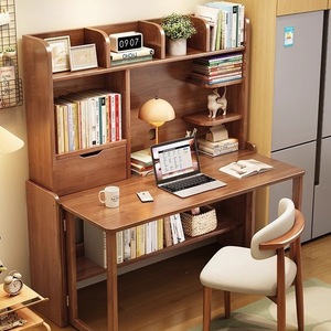 Solid Wood Folding <b>Desk</b> With Bookshelf Extendable Storage Study <b>Desk</b> For Bedroom <b>Small</b> Apartment Computer <b>Desk</b> Simple Office - Product Image 1