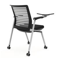 Chaise de conférence pliable avec accoudoir fixe, dossier respirant ajouré, tablette d'écriture et roulettes