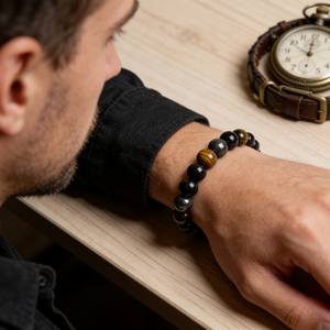Bracelet en agate magnétaire noire 8/10MM - Bracelet en pierre œil de tigre pour homme et femme - Bracelet perlé énergétique pour le yoga - Product Image 2
