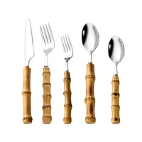 Cuillères et fourchettes de restaurant écologiques en gros, couverts en acier inoxydable, argenterie, acier inoxydable 304, manche en bambou