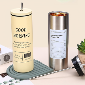 Gobelet isotherme fin en acier inoxydable de 20 oz avec couvercle à paille et impression de texte « Good Morning Iced Americano », idéal pour le café et les boissons froides - Product Image 6