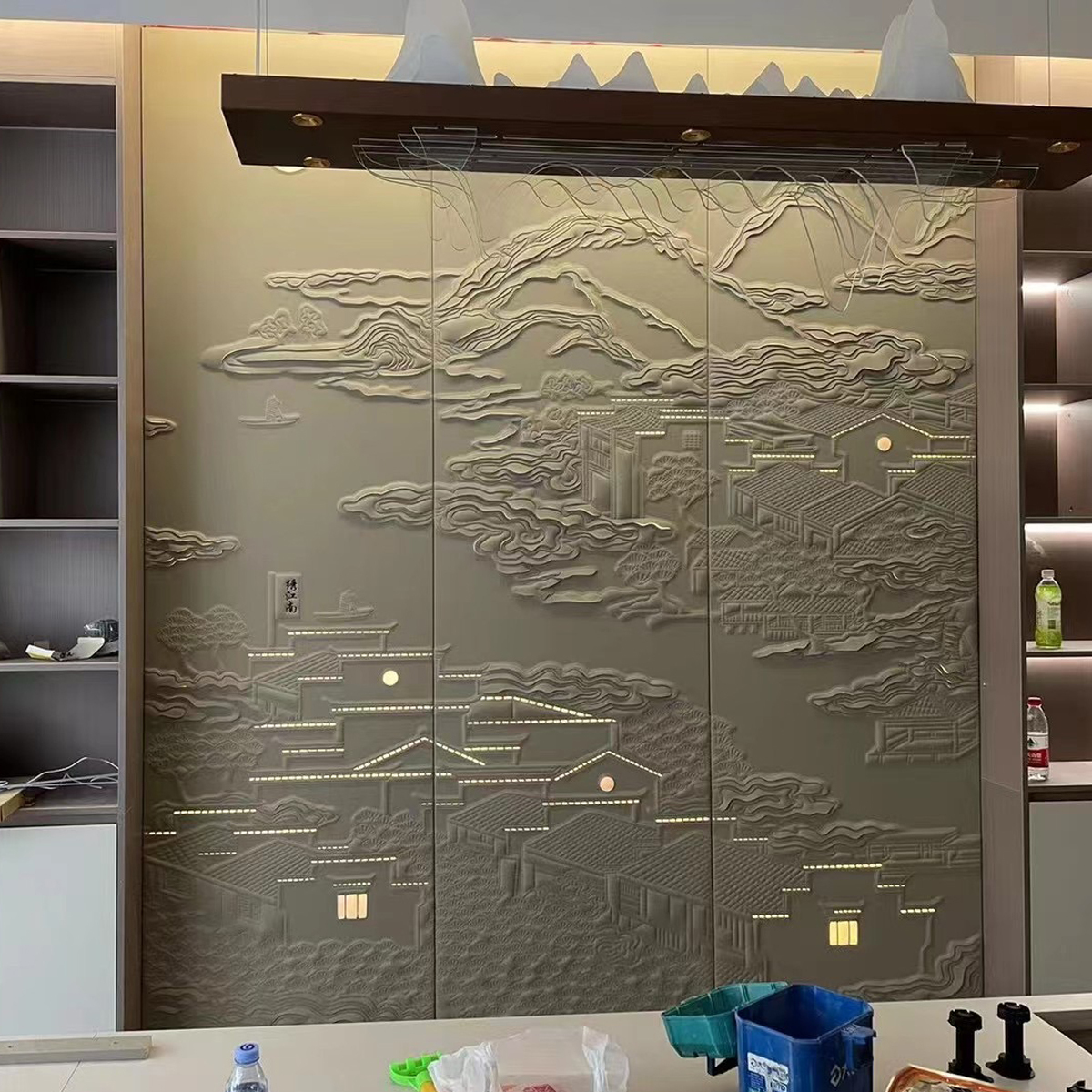 Custom Interior Home Decor Featured Embroidery Leather Fabric Flexible Upholstery Wall Panel Wallpaper · image 2
