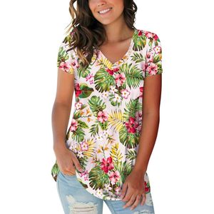Camiseta de Cuello en V con Estampado Tropical para Mujer, Ligera, Veraniega, Beige, Talla S, Tejido Jersey Transpirable - Product Image 1