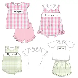 Wholesale Boutique Girls Boys Clothing Baby pink and Hollygreen plaid custom pattern Kids Baby summer suits clothes