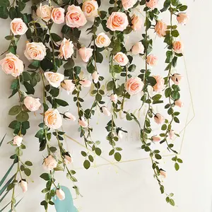 Bunga Buatan Pernikahan Dekorasi Ruang Rumah Lengkungan Taman Musim Semi Musim Gugur DIY Tanaman Palsu Vine Rose Garland dengan Daun Hijau