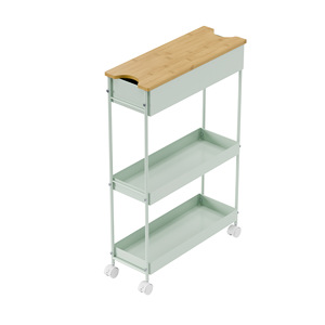 Chariot de rangement coulissant à 4 niveaux, étagère étroite en bambou et métal sur roulettes pour cuisine, salle de bain, armoire - Product Image 1