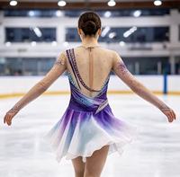 Robe de patinage artistique dégradé violet, bleu et blanc, en maille, à manches longues, avec strass et découpes à la taille, pour compétition sur glace